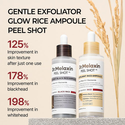 Dr. Melaxin Peel Shot Glow Rice Ampoule Duo - Serums for Brightening, Exfoliating, and Moisturizing - Suitable for All Skin Types