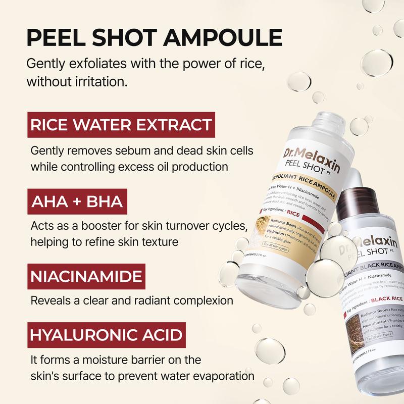 Dr. Melaxin Peel Shot Glow Rice Ampoule Duo - Serums for Brightening, Exfoliating, and Moisturizing - Suitable for All Skin Types